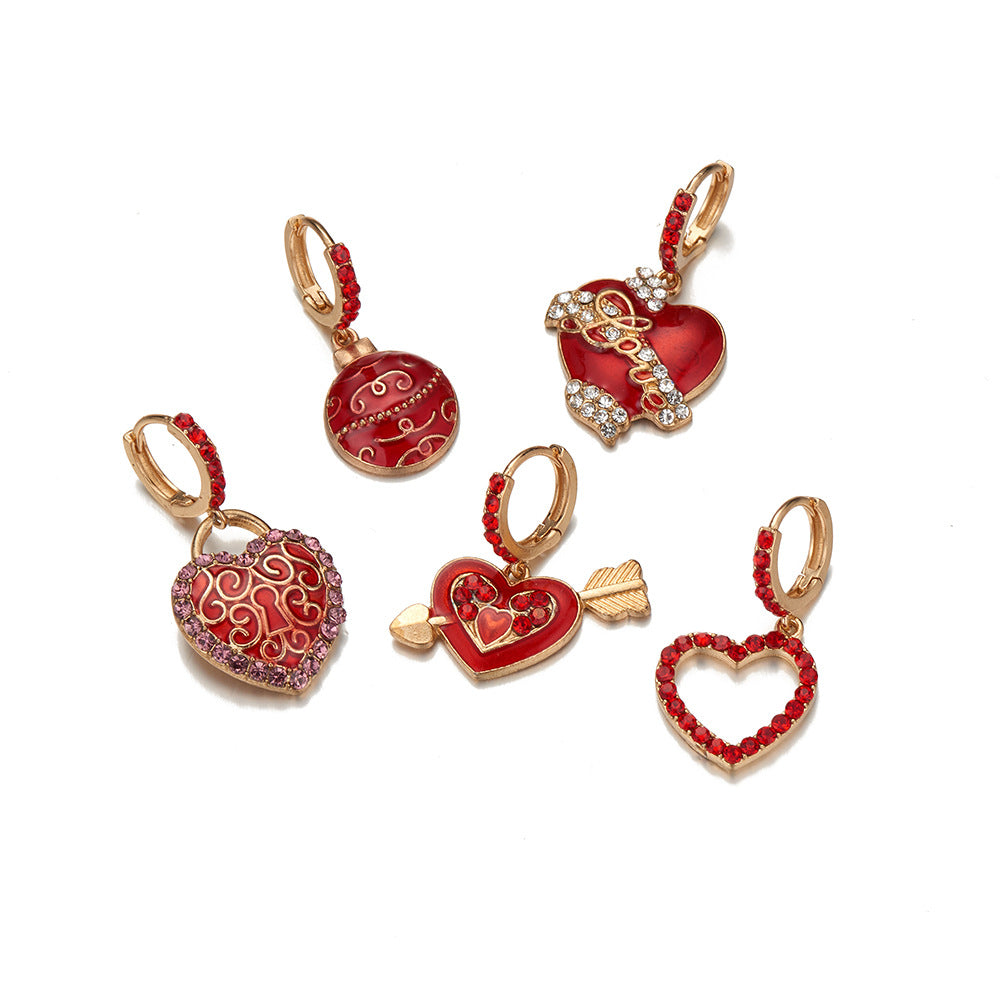 Wholesale Valentine's Day Red Diamond Studded Heart-shaped Alloy Earrings