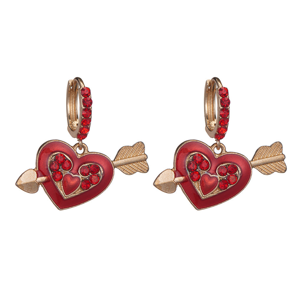 Wholesale Valentine's Day Red Diamond Studded Heart-shaped Alloy Earrings