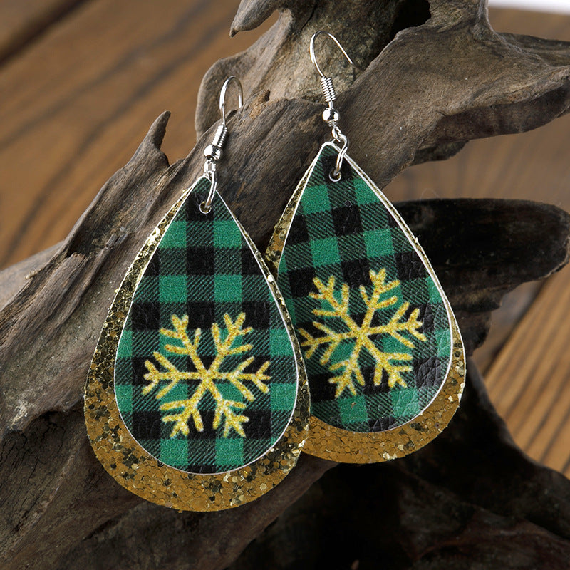 Wholesale Christmas Double Layer Water Drop Snowflake Leather Earrings