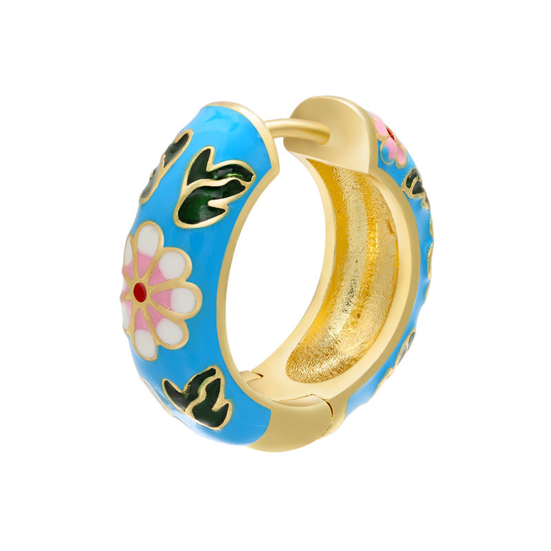 Wholesale Burnt Blue Flower Ethnic Style Ornament Accessories Copper Earrings