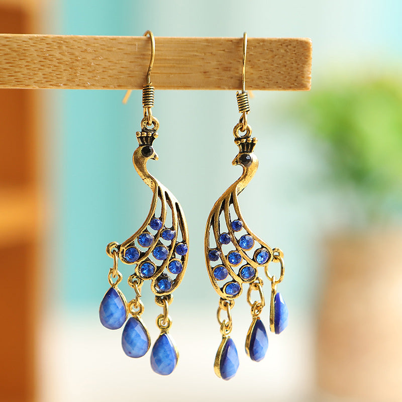 Wholesale Personalized Yunnan Green Peacock Water Drop Diamond Tassel Earrings