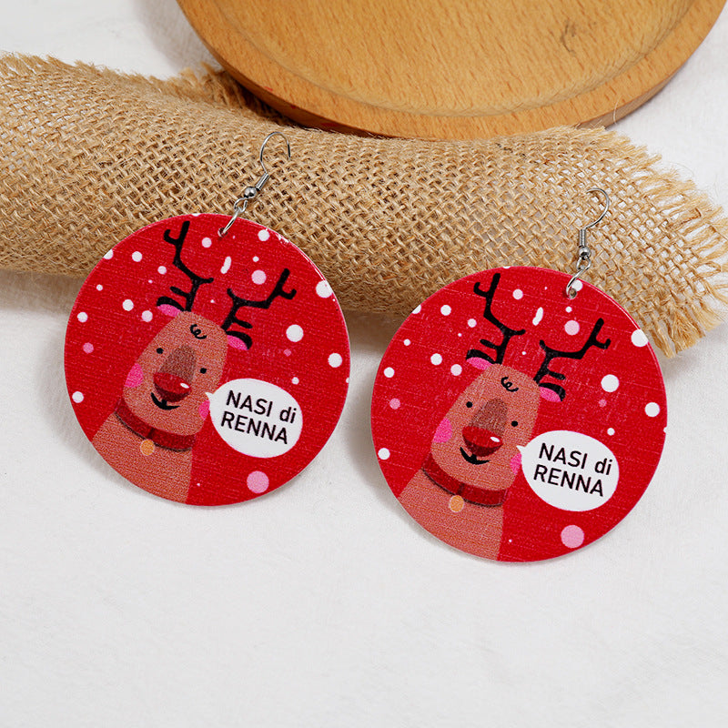 Wholesale Round Elk Santa Claus Wood Earrings