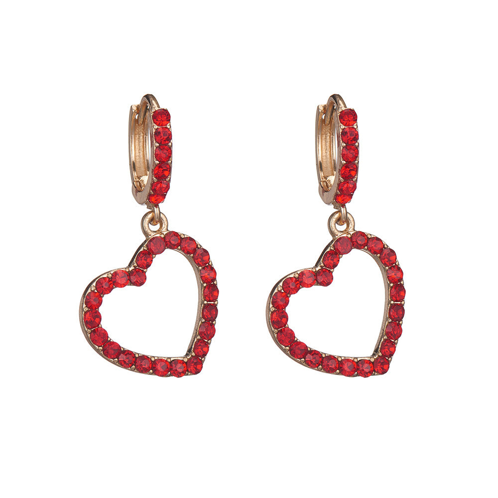 Wholesale Valentine's Day Red Diamond Studded Heart-shaped Alloy Earrings