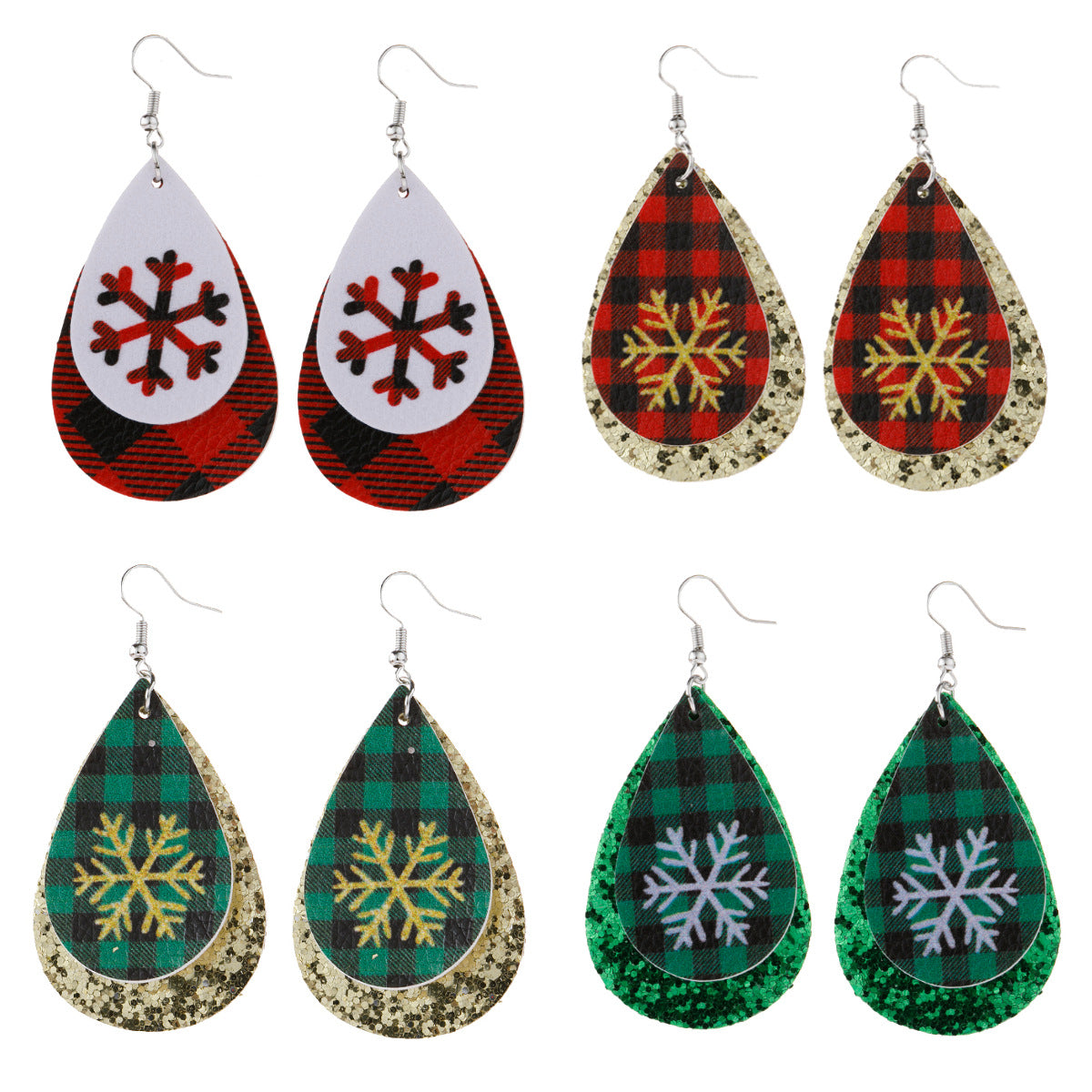 Wholesale Christmas Double Layer Water Drop Snowflake Leather Earrings