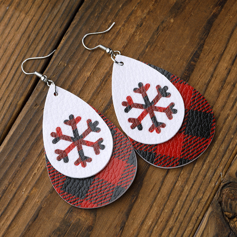 Wholesale Christmas Double Layer Water Drop Snowflake Leather Earrings