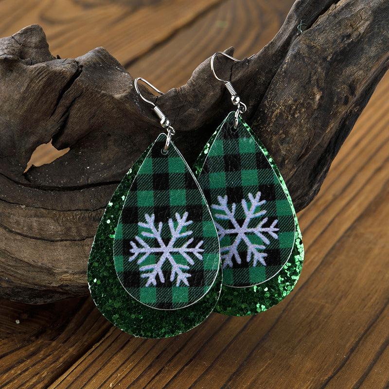 Wholesale Christmas Double Layer Water Drop Snowflake Leather Earrings