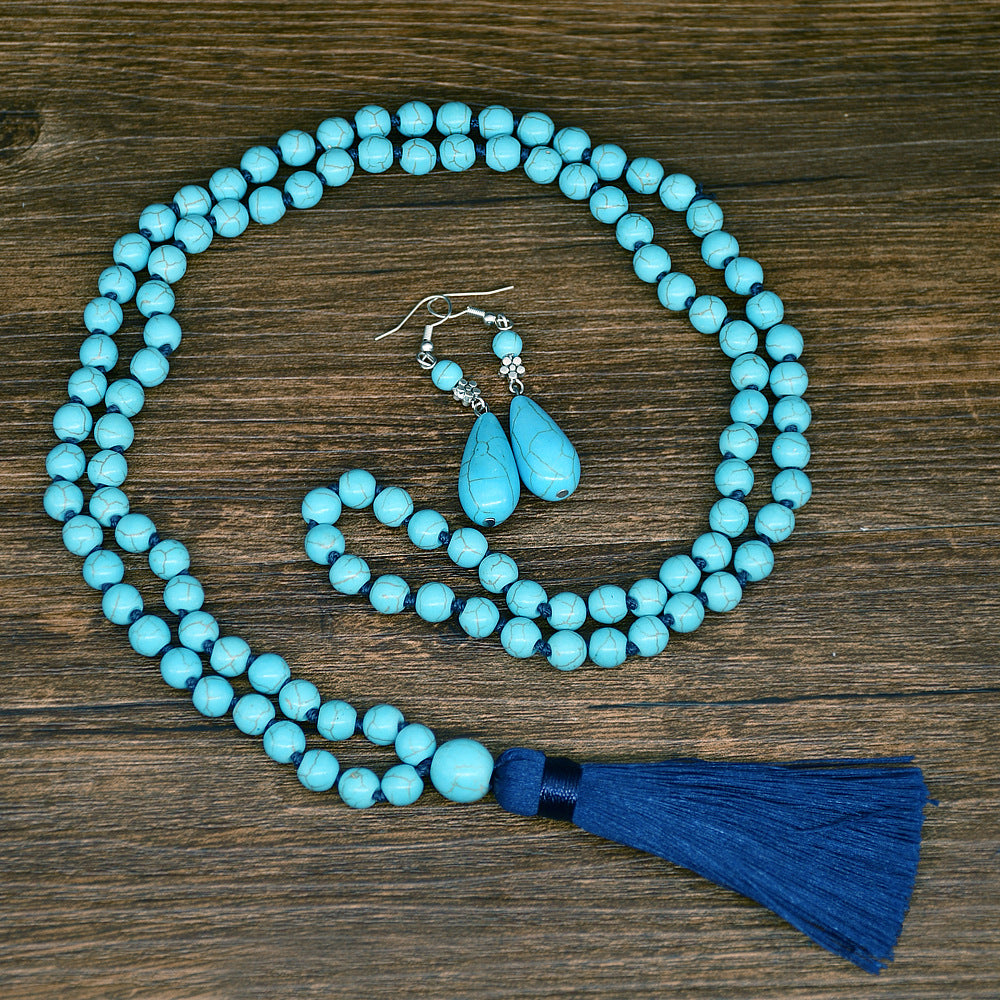 Wholesale Ethnic Style Turquoise Beaded Necklace Sweater Chain Earrings Ring Jewelry Set