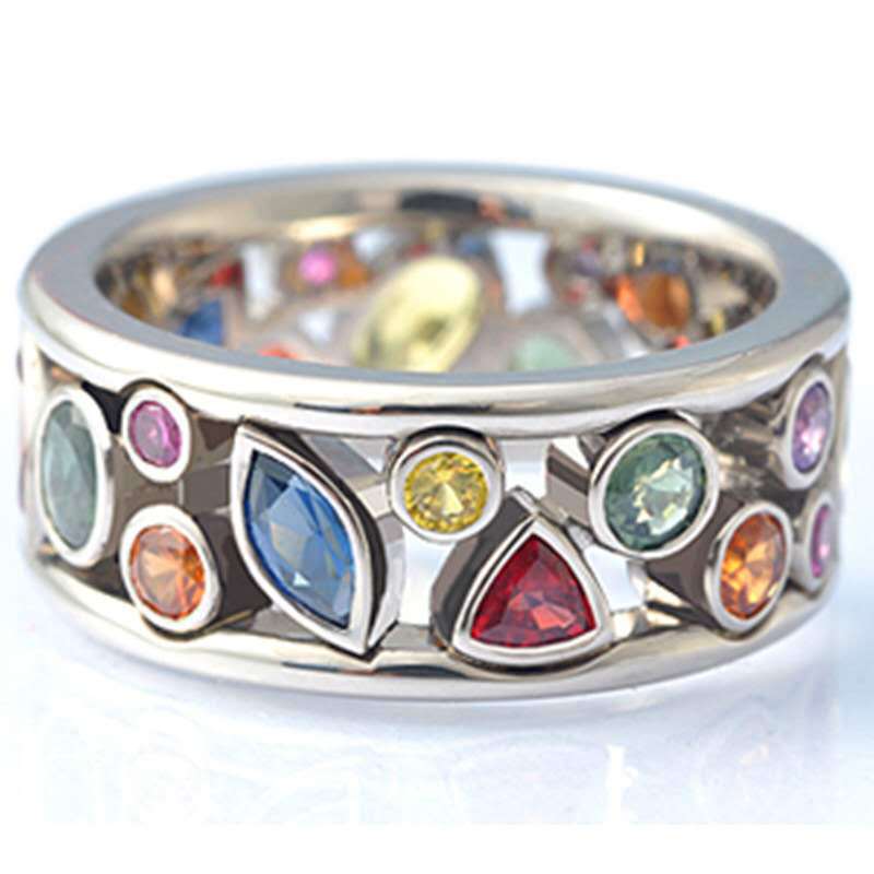 Wholesale Geometric Pattern Hollowed Out Diamond Inlaid Multi-color Metal Rings