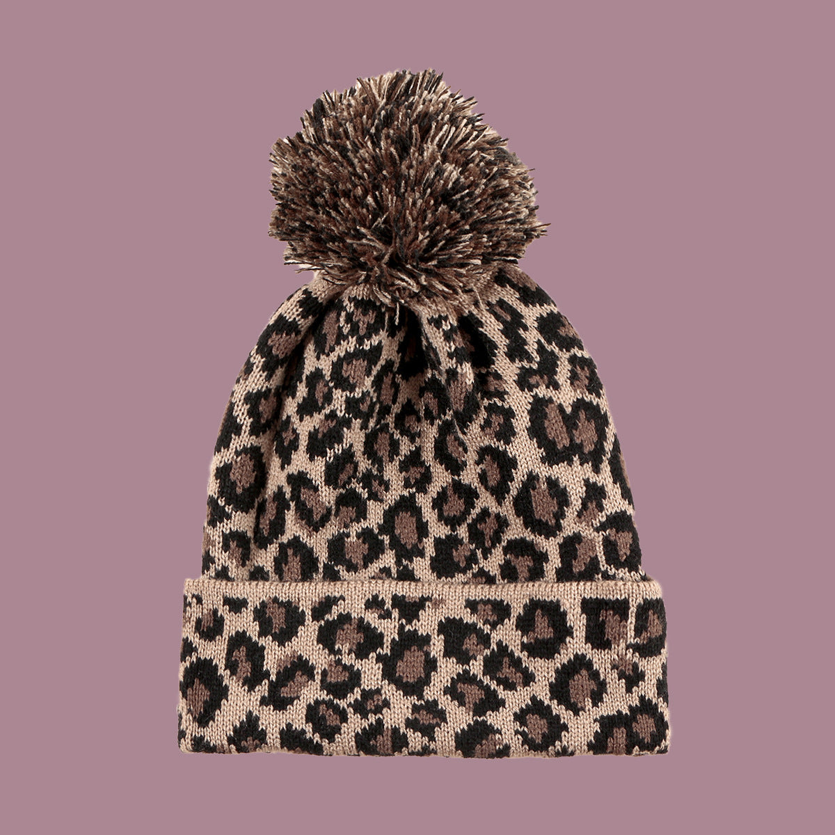 Wholesale Autumn and Winter Fur Ball Leopard Print Knitted Wool Warm Hat