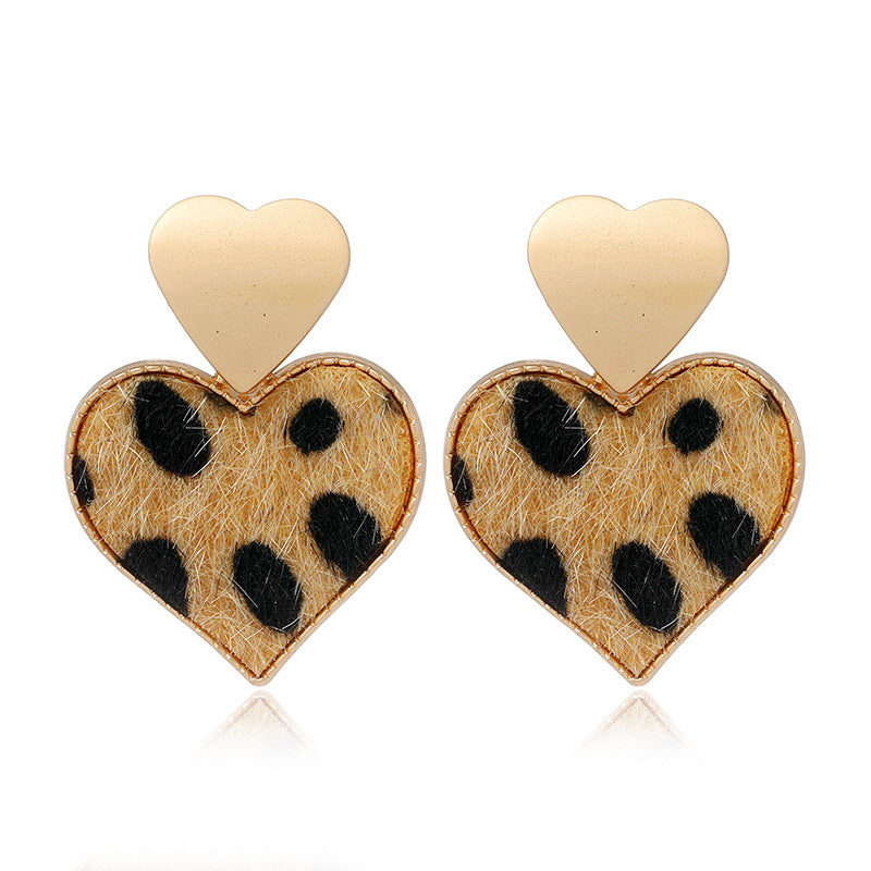 Wholesale Heart Shaped Alloy Flannel Leopard Print Alloy Earrings