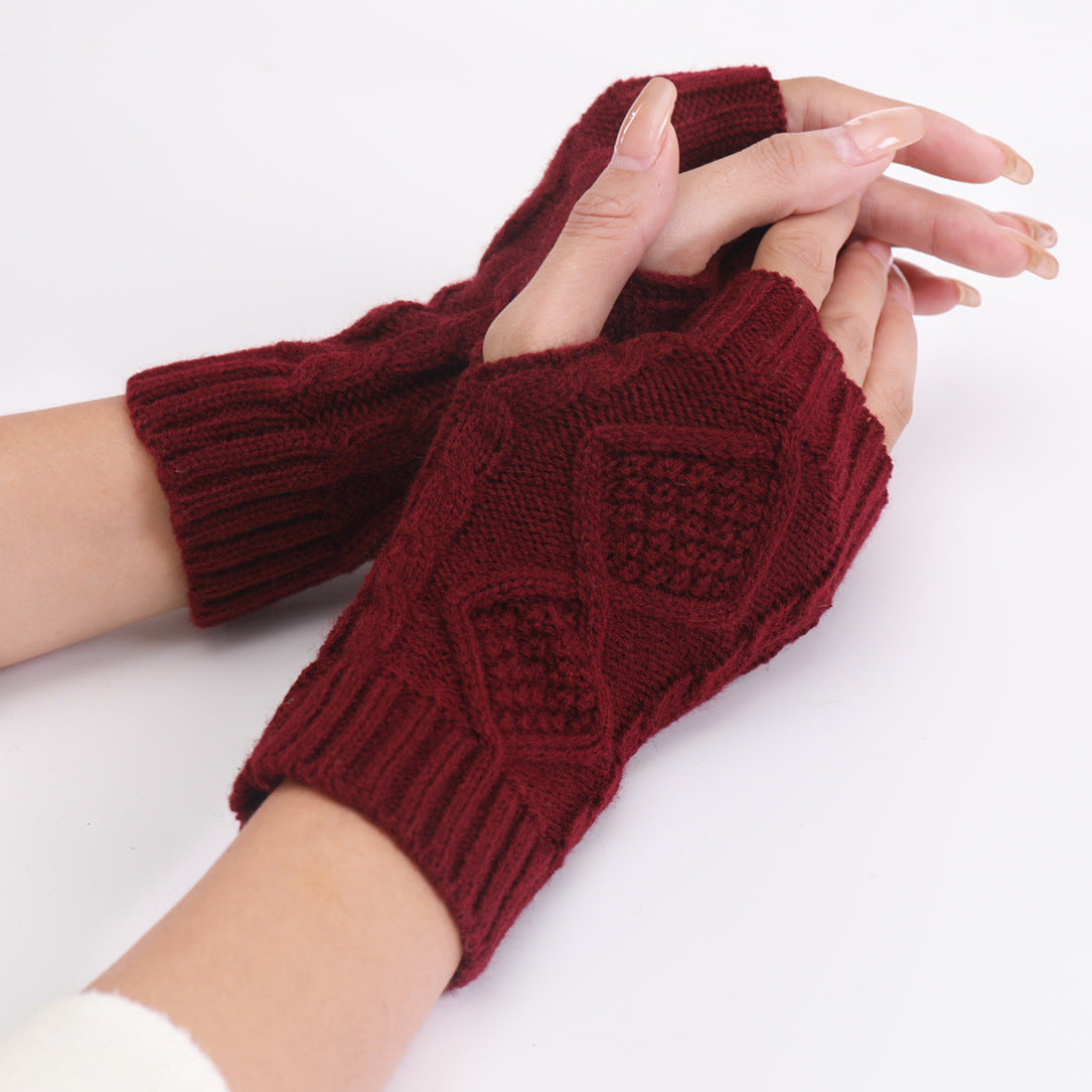 Wholesale Short Rhombus Knitted Wool Warm Half Fingerless Gloves