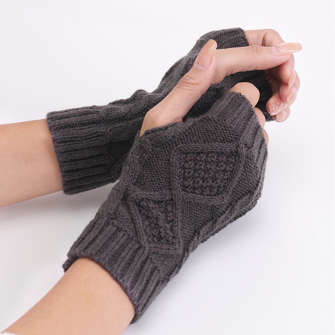 Wholesale Short Rhombus Knitted Wool Warm Half Fingerless Gloves