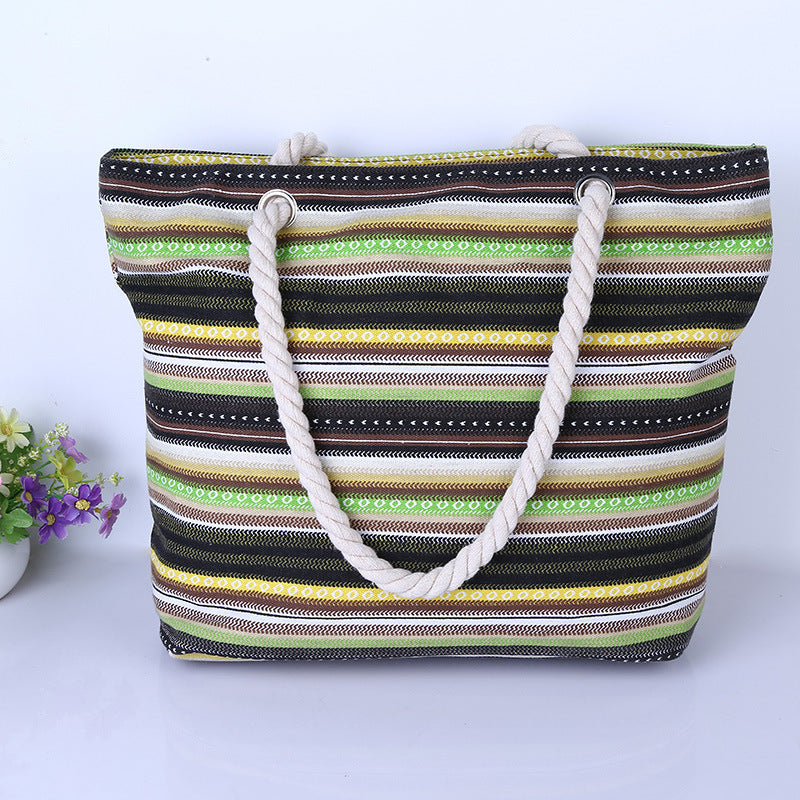 Wholesale Three-color Striped Hemp Rope Handle Canvas Bag