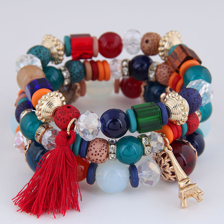 Wholesale Versatile Crystal Iron Tower Tassel Bead Temperament Multilayer Combination Bracelet