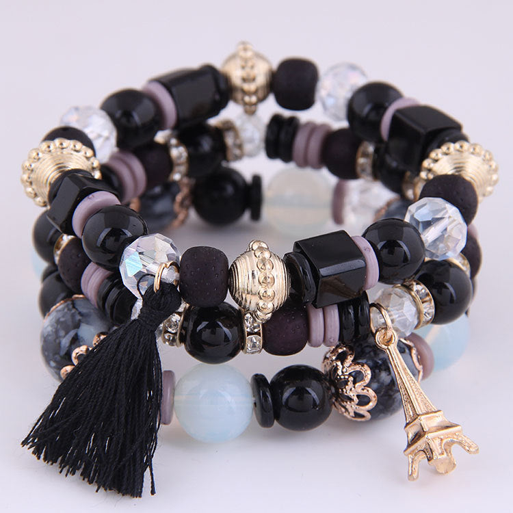 Wholesale Versatile Crystal Iron Tower Tassel Bead Temperament Multilayer Combination Bracelet