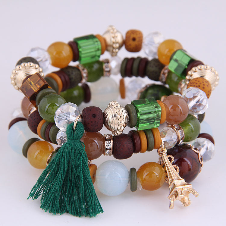 Wholesale Versatile Crystal Iron Tower Tassel Bead Temperament Multilayer Combination Bracelet