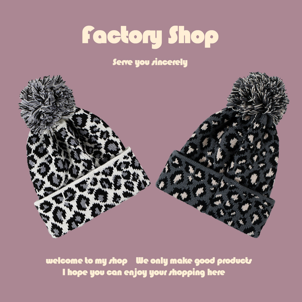 Wholesale Autumn and Winter Fur Ball Leopard Print Knitted Wool Warm Hat