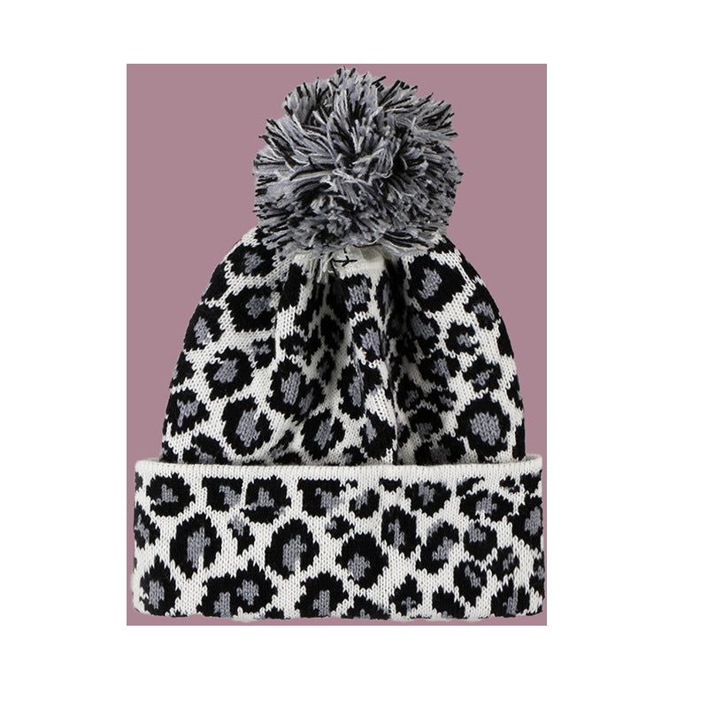 Wholesale Autumn and Winter Fur Ball Leopard Print Knitted Wool Warm Hat
