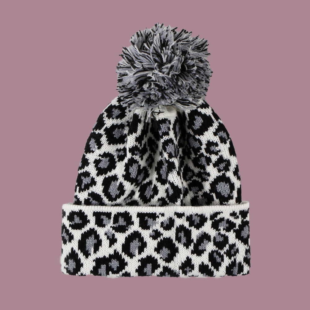 Wholesale Autumn and Winter Fur Ball Leopard Print Knitted Wool Warm Hat