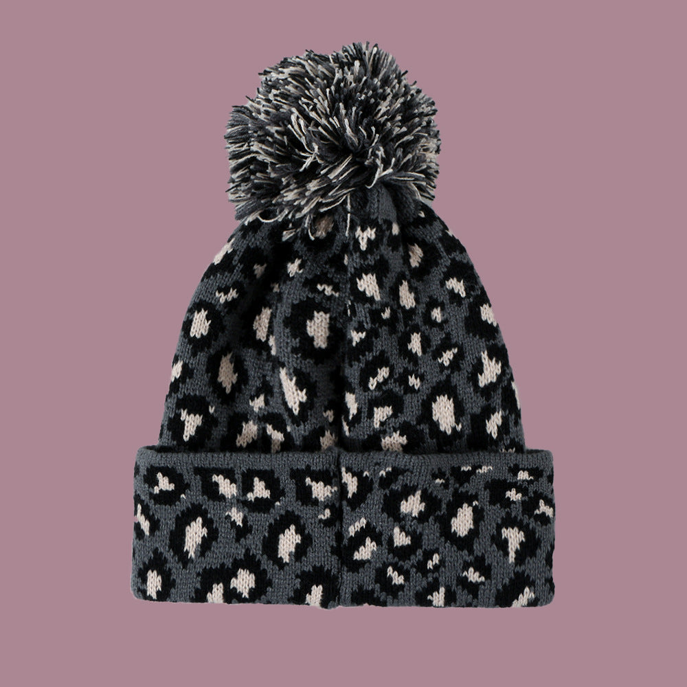 Wholesale Autumn and Winter Fur Ball Leopard Print Knitted Wool Warm Hat