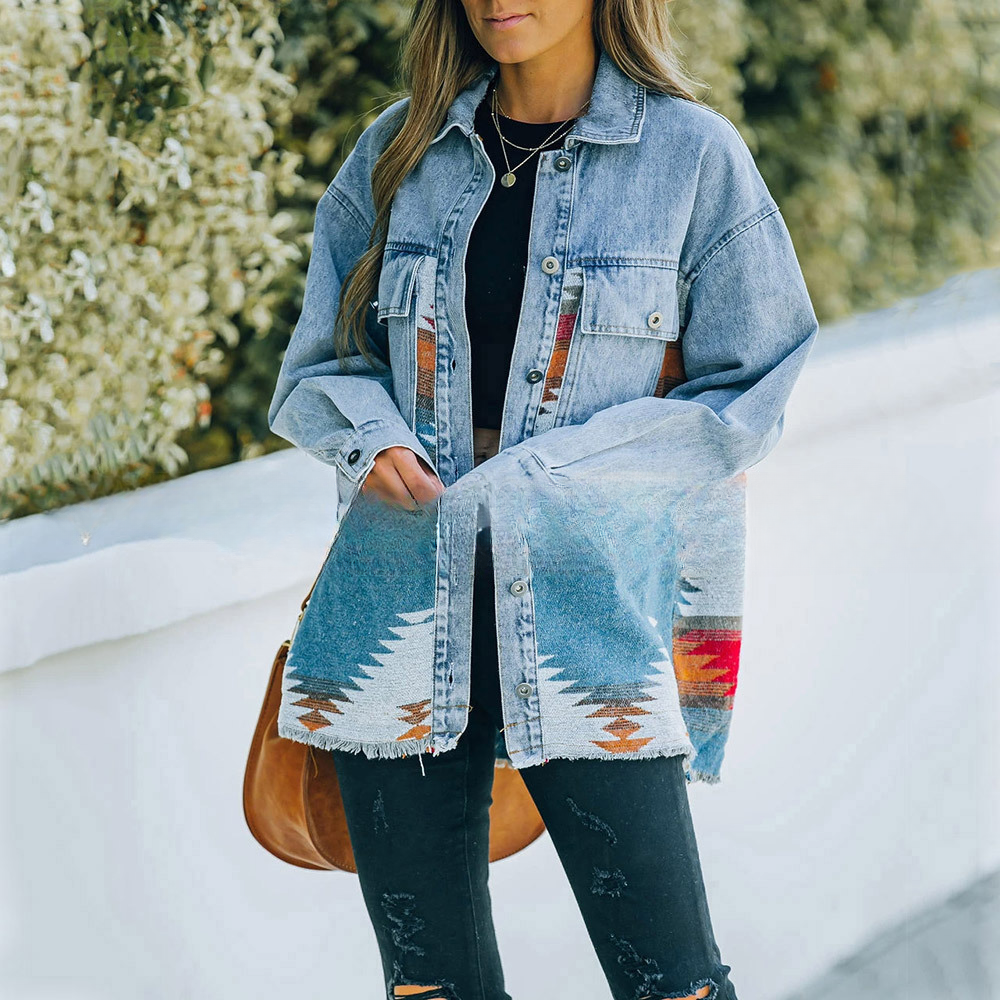 Wholesale Denim Stitching Raw Edge Mid Length Jacket Women Clothes