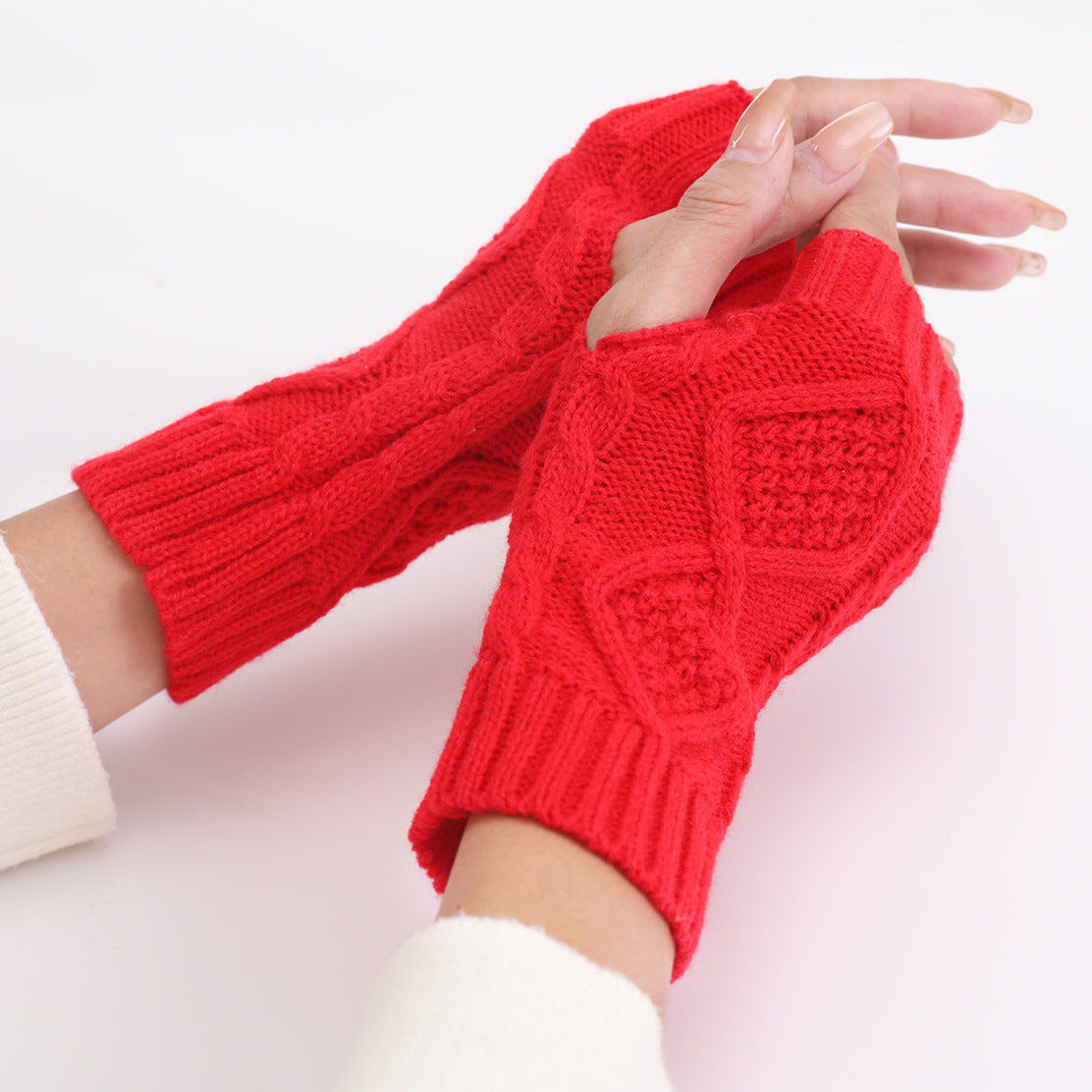 Wholesale Short Rhombus Knitted Wool Warm Half Fingerless Gloves