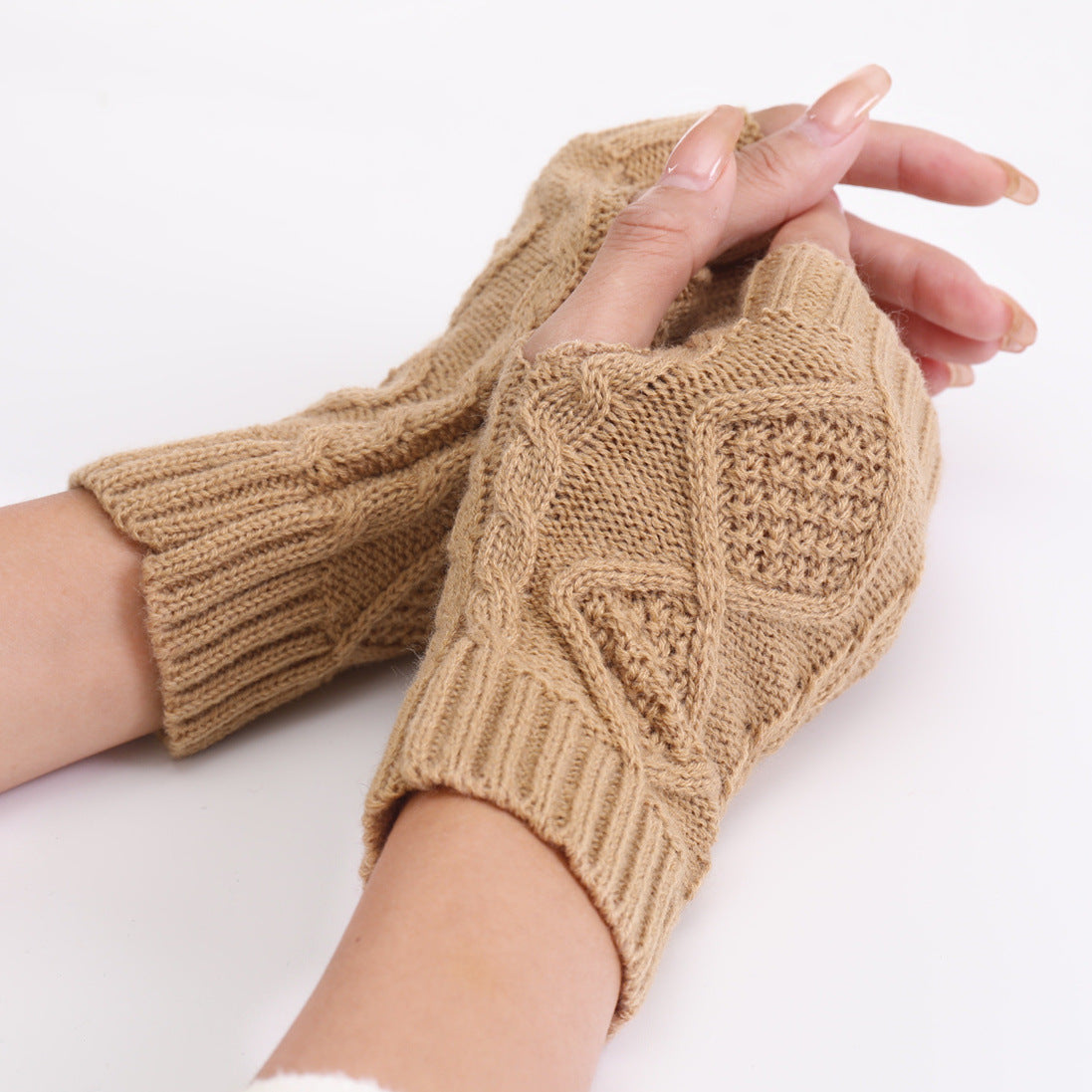 Wholesale Short Rhombus Knitted Wool Warm Half Fingerless Gloves