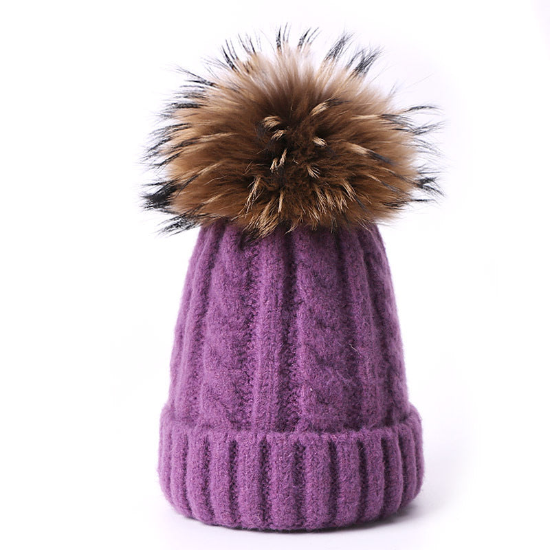 Wholesale Winter Wool Ball Knitted Hat Solid Color Thickened Warm Wool Adult and Children Parent-child Hat