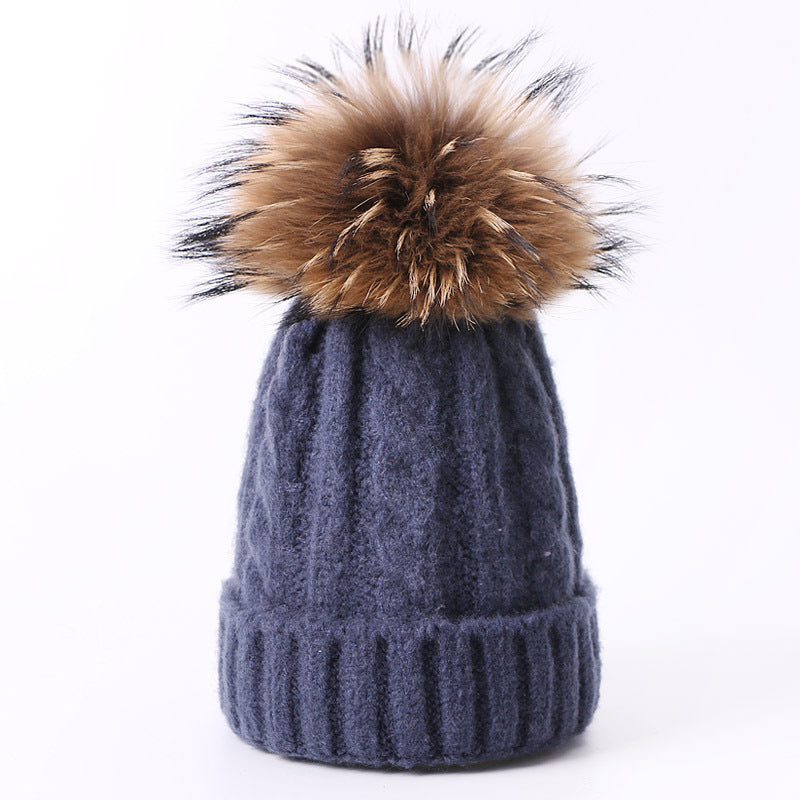 Wholesale Winter Wool Ball Knitted Hat Solid Color Thickened Warm Wool Adult and Children Parent-child Hat