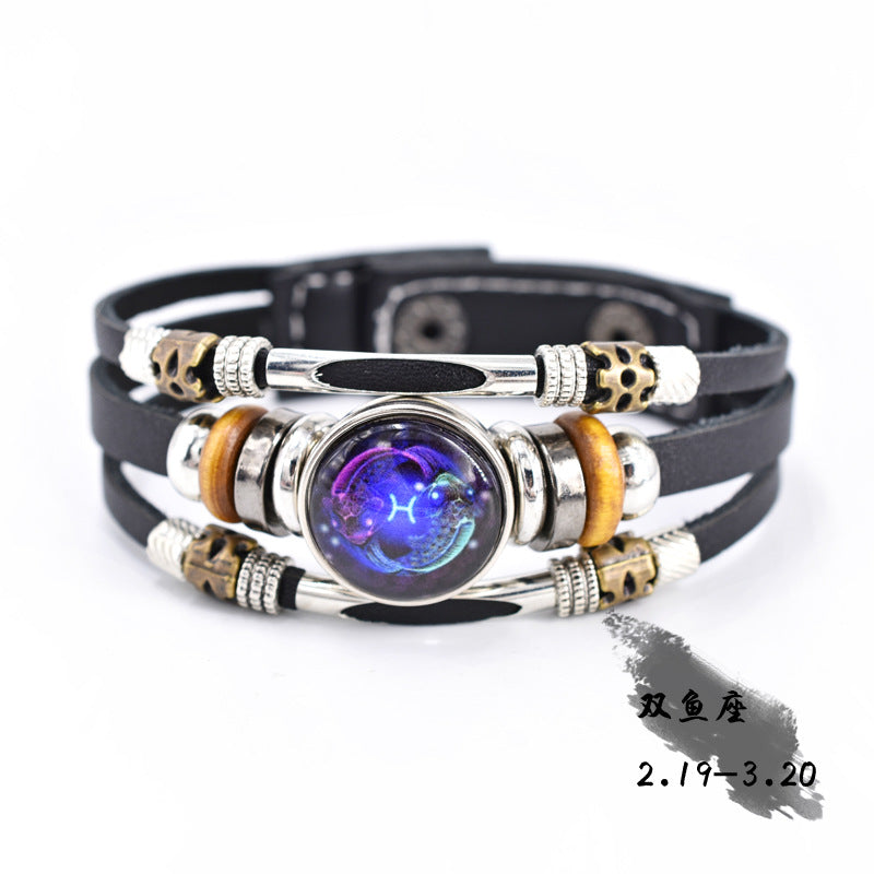 Wholesale Twelve Constellation Glow Couple Leather Strap Bracelet