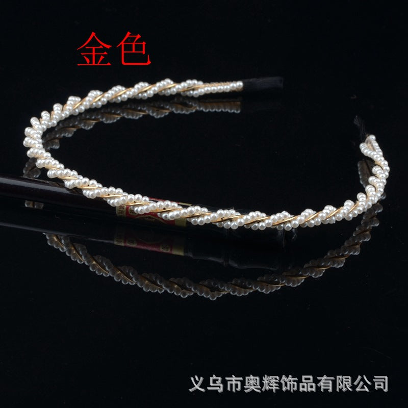 Wholesale Hand-woven imitation pearl headband wrapped headband bridal hair accessories crown bow versatile hairpin female
