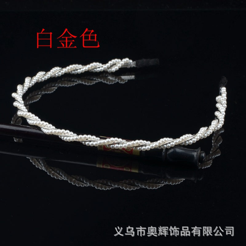 Wholesale Hand-woven imitation pearl headband wrapped headband bridal hair accessories crown bow versatile hairpin female
