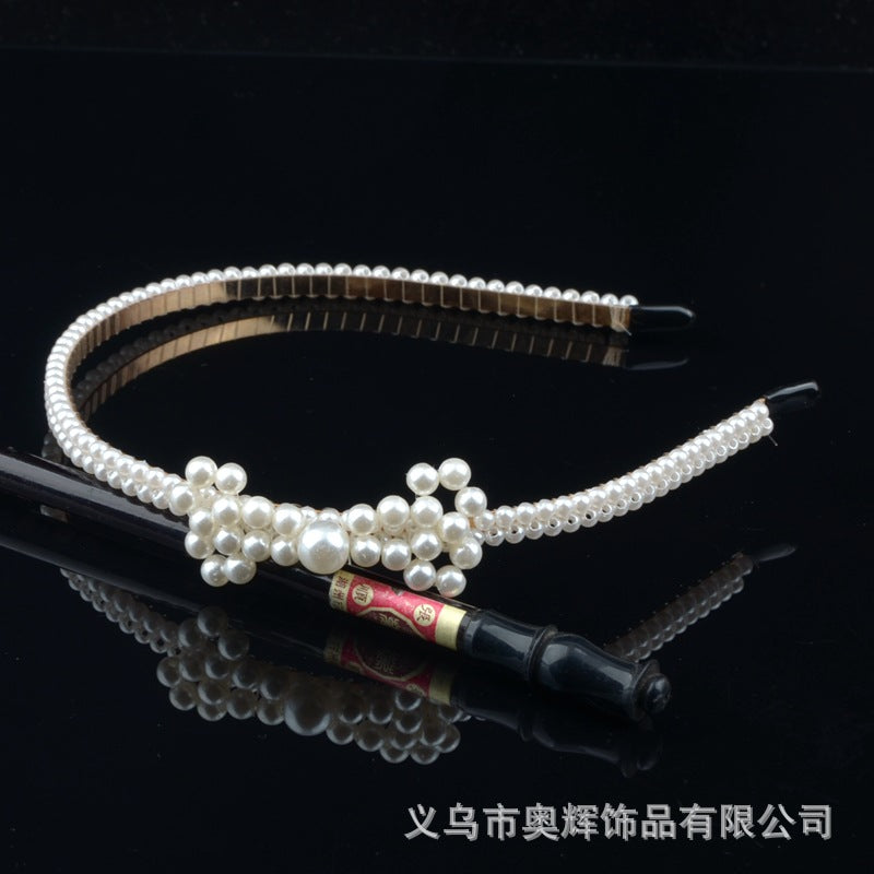 Wholesale Hand-woven imitation pearl headband wrapped headband bridal hair accessories crown bow versatile hairpin female