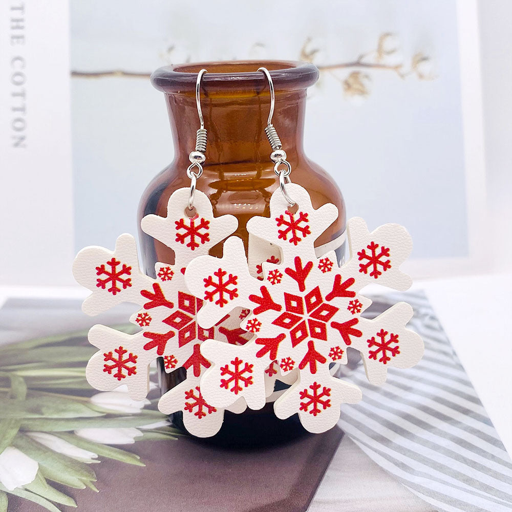 Wholesale Christmas Earrings Snowflake Double Sided Print PU Leather Earrings