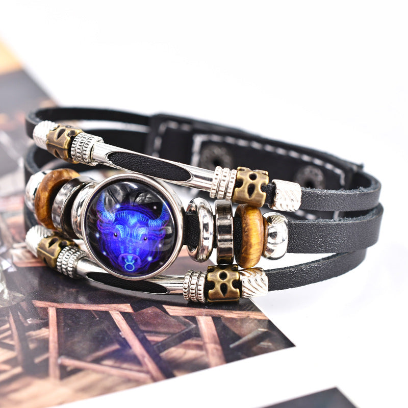 Wholesale Twelve Constellation Glow Couple Leather Strap Bracelet