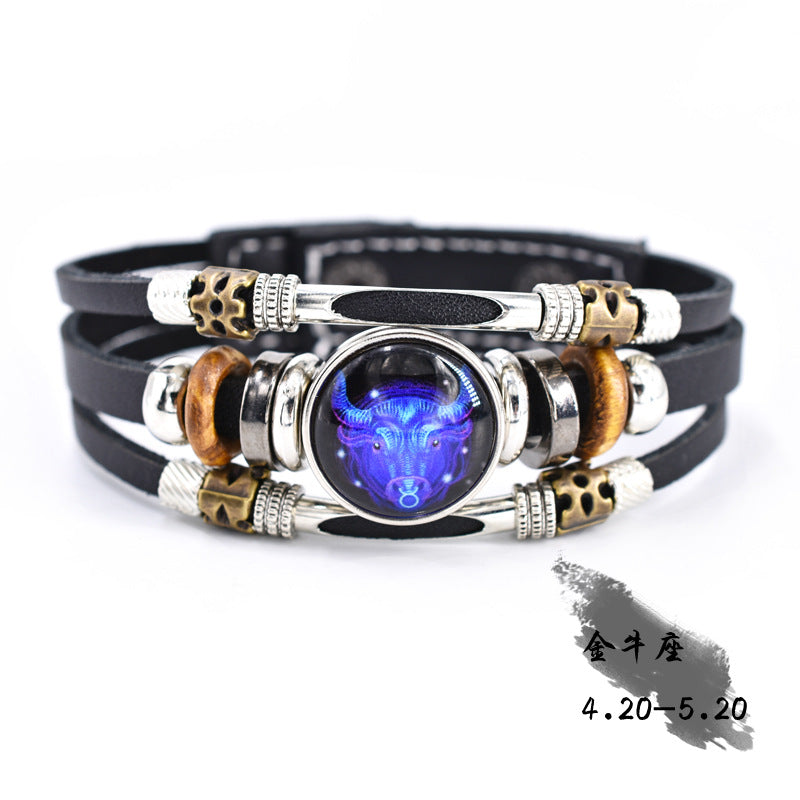Wholesale Twelve Constellation Glow Couple Leather Strap Bracelet