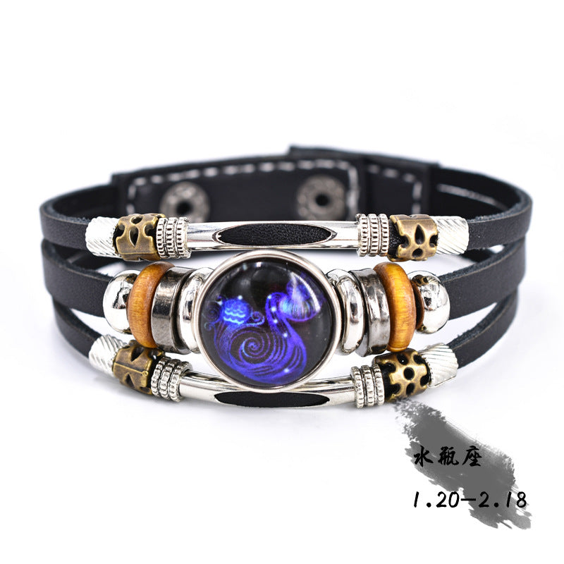 Wholesale Twelve Constellation Glow Couple Leather Strap Bracelet