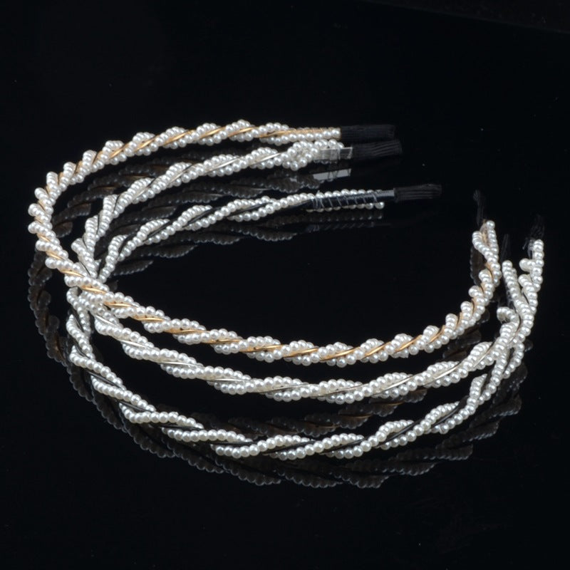 Wholesale Hand-woven imitation pearl headband wrapped headband bridal hair accessories crown bow versatile hairpin female