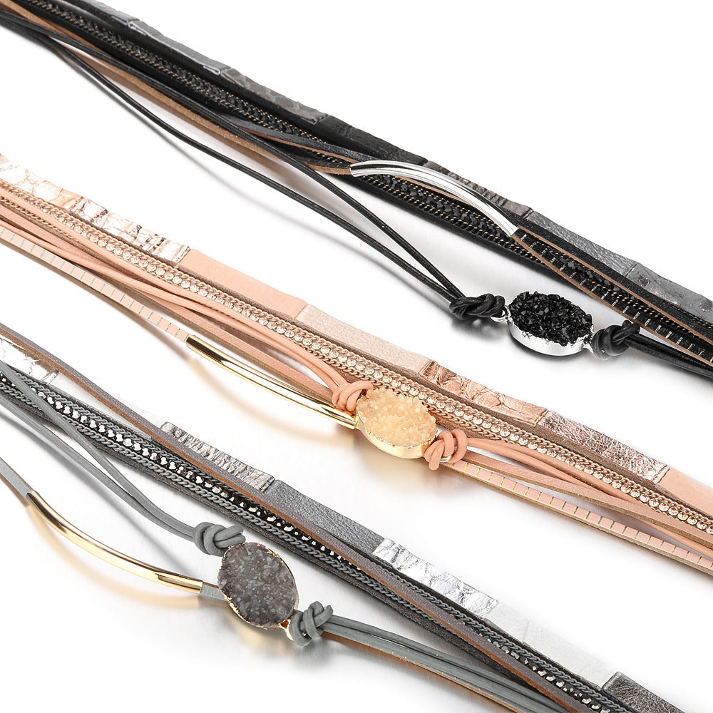 Wholesale Color Matching Elliptical Crushed Stone Magnetic Buckle Multi-layer Leather Bracelet