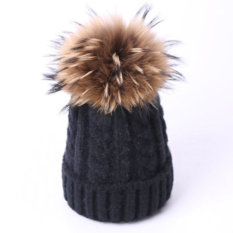 Wholesale Winter Wool Ball Knitted Hat Solid Color Thickened Warm Wool Adult and Children Parent-child Hat