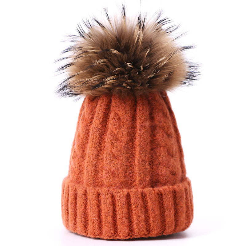 Wholesale Winter Wool Ball Knitted Hat Solid Color Thickened Warm Wool Adult and Children Parent-child Hat