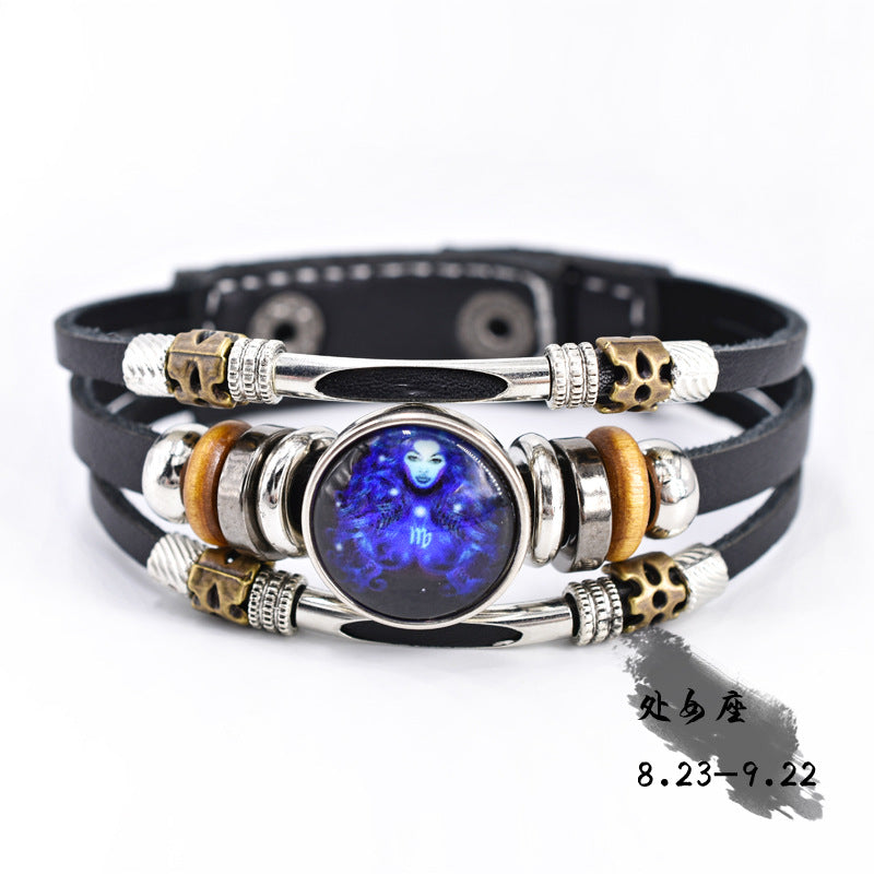 Wholesale Twelve Constellation Glow Couple Leather Strap Bracelet