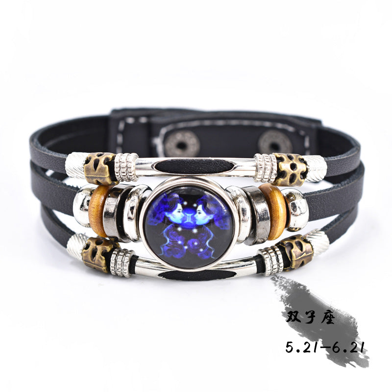 Wholesale Twelve Constellation Glow Couple Leather Strap Bracelet
