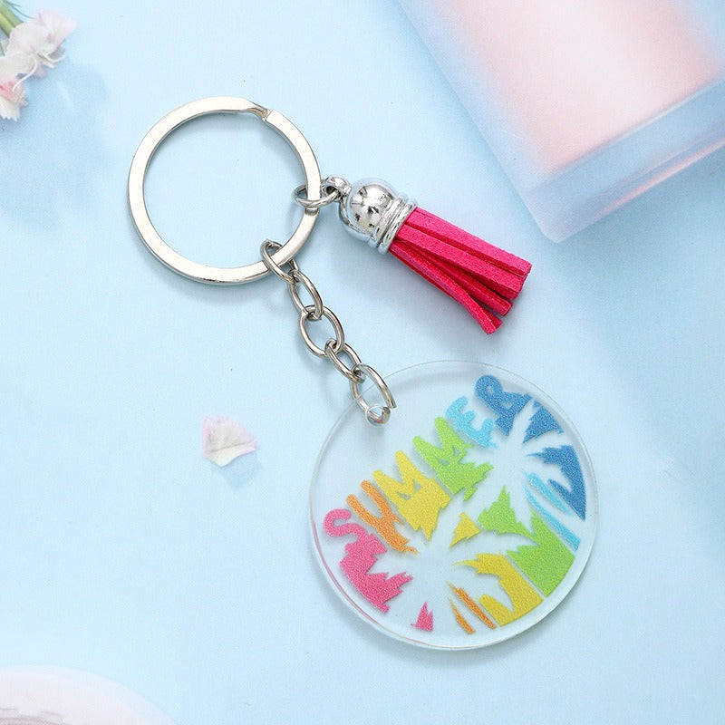 Wholesale Round Colorful Printed Coconut Tree Letters Acrylic Tassel Keychain