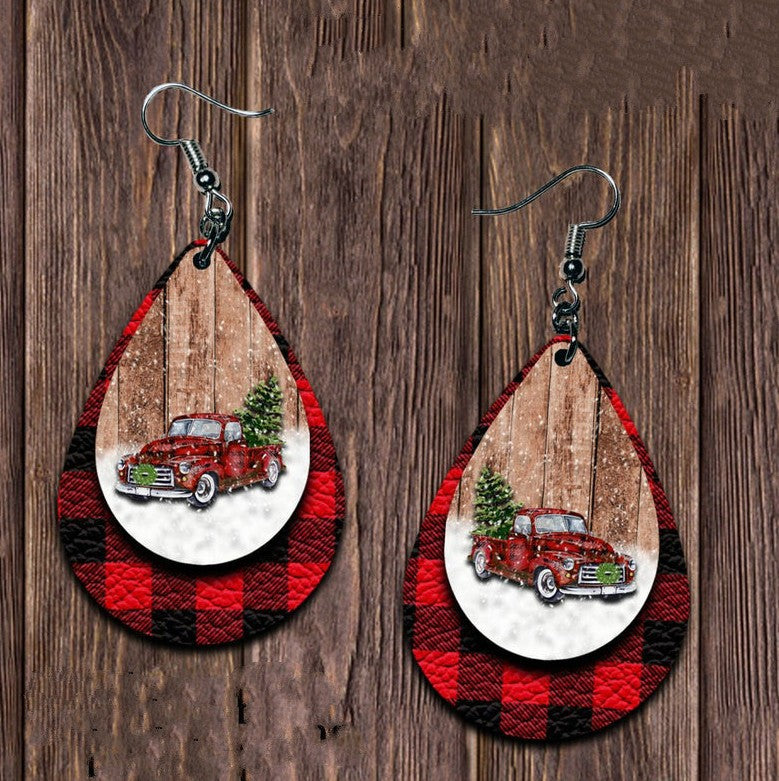 Wholesale Christmas Tree Car Leather Droplet Earrings