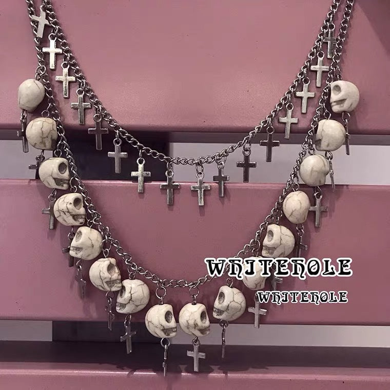 Wholesale Punk white skull chain silver double necklace