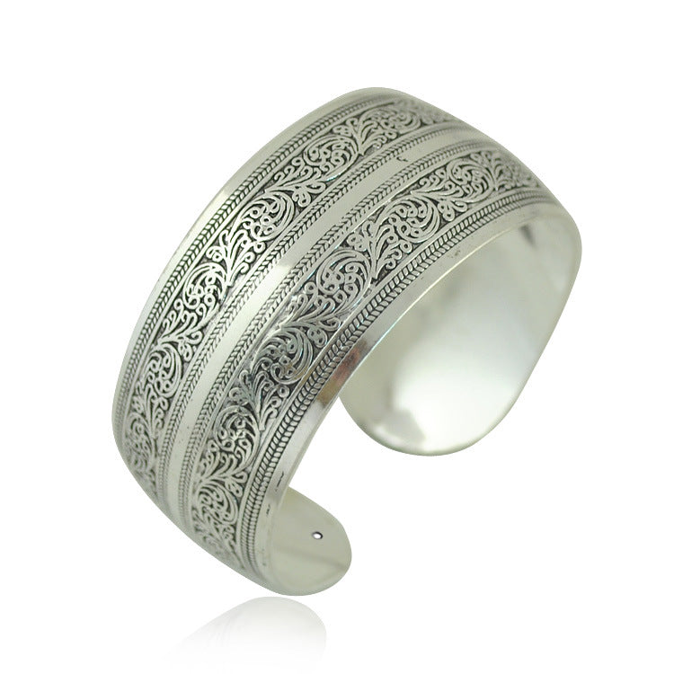 Wholesale Miao Silver Bohemian Carved Wide Bracelet