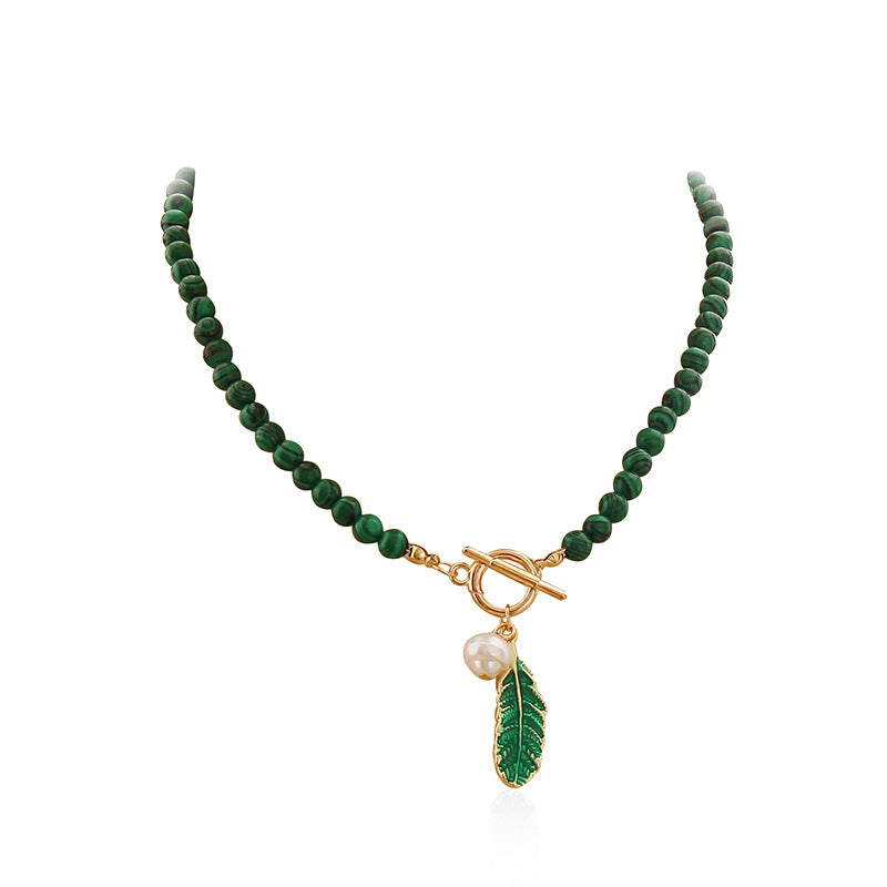 Wholesale Malachite Leaf Pearl Oil Drop Vintage Necklace