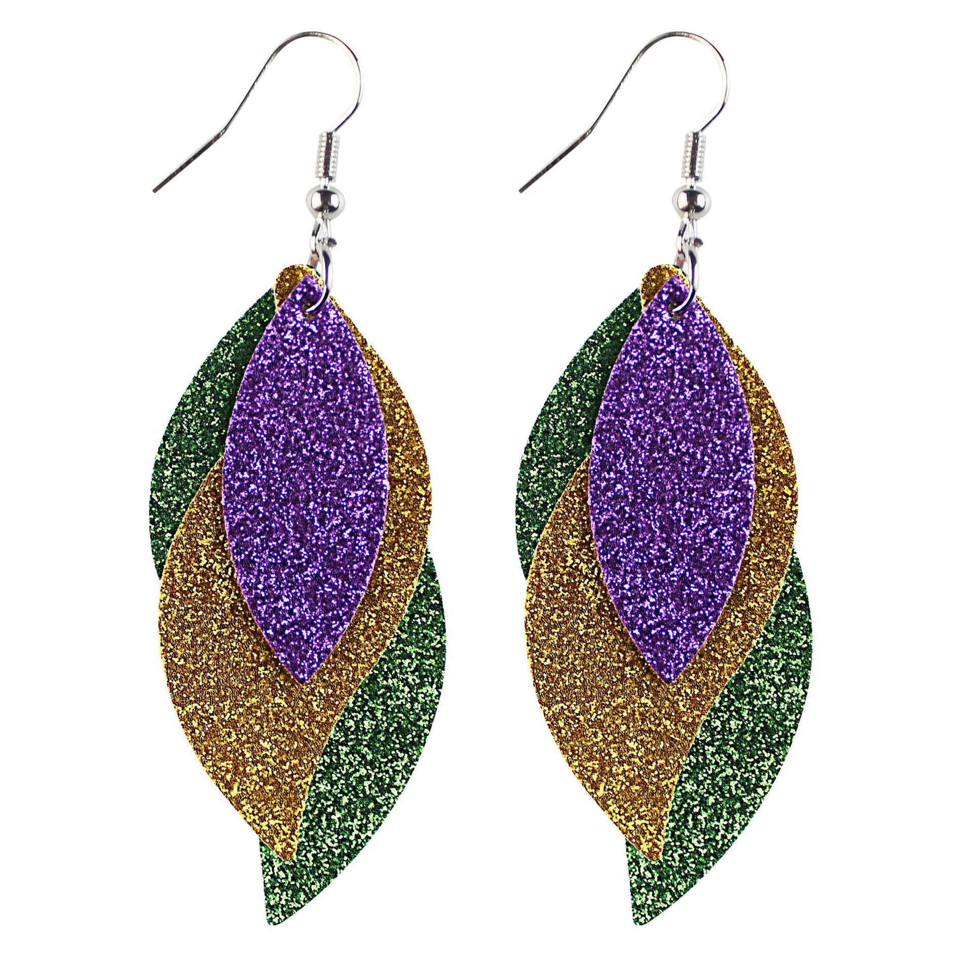 Wholesale Mardi Gras Cross Pattern Single Side Print Three Layer Leather Earrings