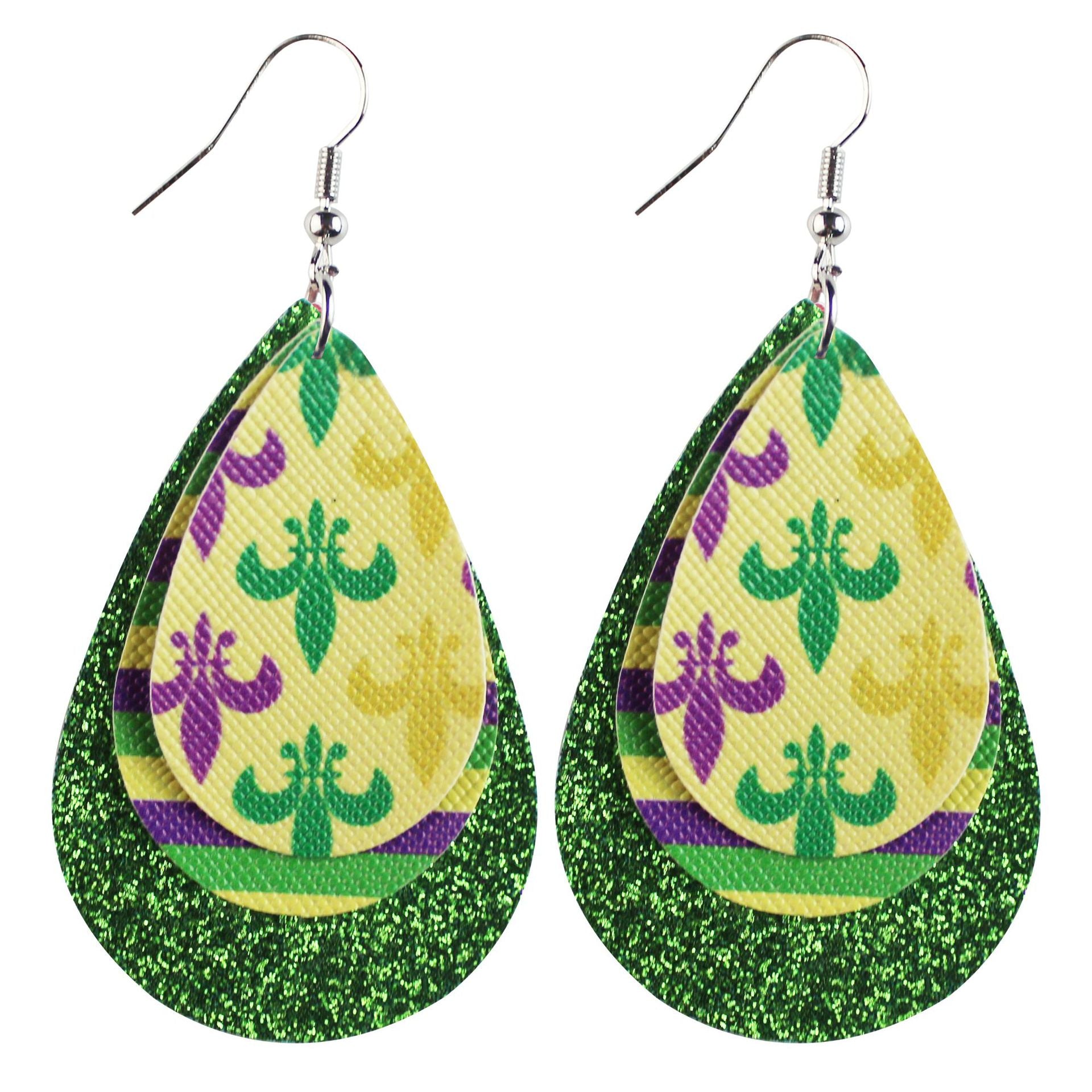 Wholesale Mardi Gras Cross Pattern Single Side Print Three Layer Leather Earrings